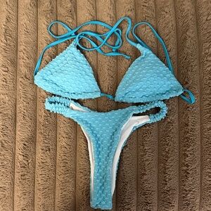 Textured Sky Blue Triangle Bikini Set - Women's Swim
